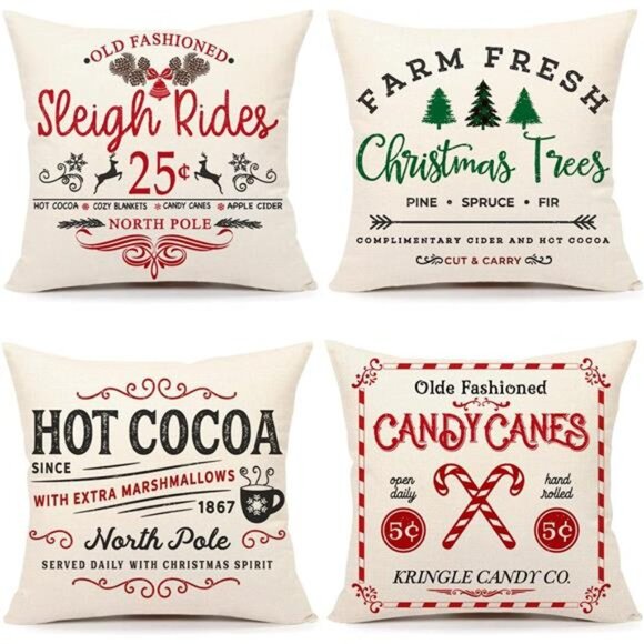 Farmhouse Christmas Pillow Covers 18x18 Set of 4 Winter Holiday Decorations - Picture 1 of 7